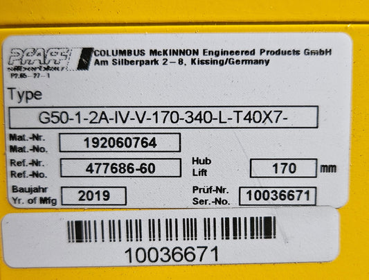 Columbus McKinnon Spindelhubgetriebe Type G50-1-2A-IV-V-170-340-L-T40X7