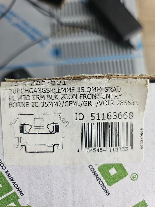 WAGO 285-601 Durchgangsklemme 16 mm Zugfeder Belegung: L Grau VE 11 St.
