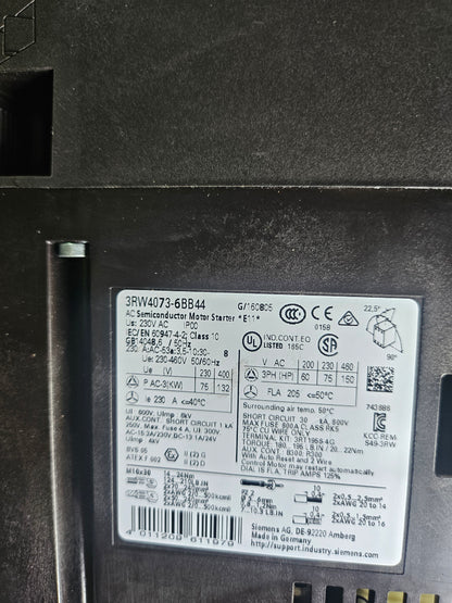 Siemens 3RW4073-6BB44 Siemens SIRIUS soft starter S12 230 A, 132 kW/400 V, 40 °C 200-460 V AC, 230 V AC Screw terminals
