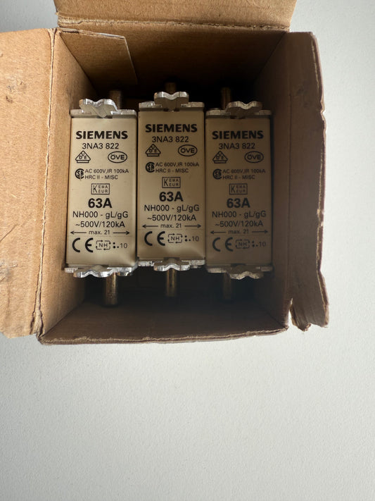 Siemens 3NA3822 NH-Sicherung Sicherungsgröße = 000 63 A 500 V/AC, 250 V/AC 3 St.