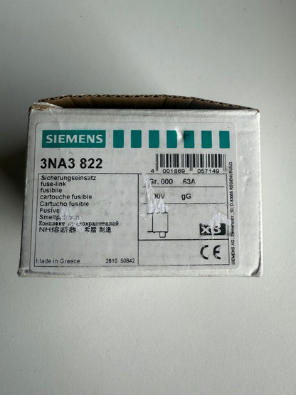 Siemens 3NA3822 NH-Sicherung Sicherungsgröße = 000 63 A 500 V/AC, 250 V/AC 3 St.