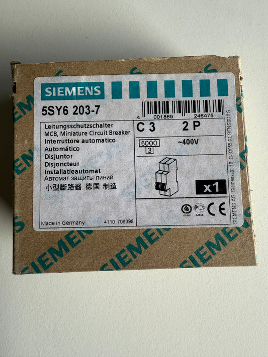 Siemens 5SY6 MCB Leitungsschutzschalter Typ C, Pol 2 3A 400V, Abschaltvermögen 6 kA Sentron DIN-Schienen-Montage